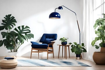 a modern living room where a sleek floor lamp, a vibrant potted monstera plant, and a stylish wooden lounge chair with rich navy blue cushions are strategically arranged against a clean white wall. 