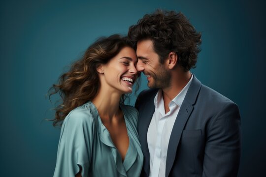 Young couple smiling in a colorful studio with blue background. Generated AI