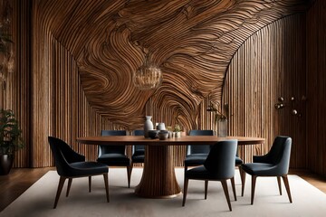 Illustrate a contemporary dining room interior, showcasing an arched wall with intricate abstract wood panelling. Explore how this unique architectural element contributes to the room.