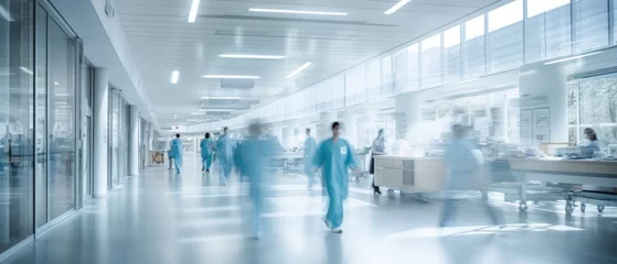 Fotobehang A motion blurred photograph of a hospital interior, doctor and staff working with fast movement © Onchira