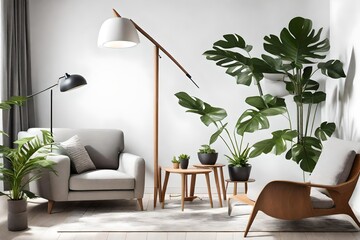 a modern living room where a sleek floor lamp, a vibrant potted monstera plant, and a stylish wooden lounge chair with muted gray cushions are strategically arranged against a clean white wall. 