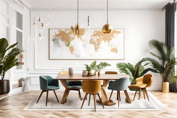 The interior of a chic and eclectic dining room features a mock-up poster map, chairs designed for sharing tables, a gold pendant light, and an exquisite sofa in the second area. White walls. - obrazy, fototapety, plakaty