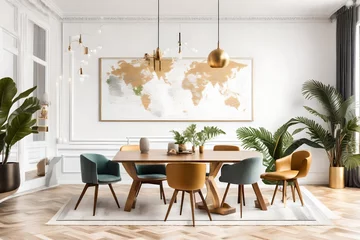 Foto op Plexiglas The interior of a chic and eclectic dining room features a mock-up poster map, chairs designed for sharing tables, a gold pendant light, and an exquisite sofa in the second area. White walls. © Muhammad