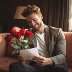 A smiling young adult sitting on a sofa, reading a letter from boyfriend and holding a bunch of roses. Generated AI