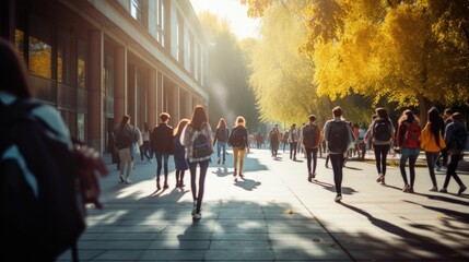 Crowd of students walking through a college campus on a sunny day