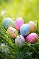Fototapeta na wymiar Colorful easter eggs in grass. Happy easter background.