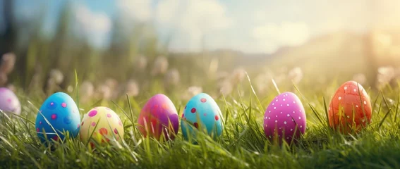 Poster Colorful easter eggs in grass. Happy easter background. © Rudsaphon