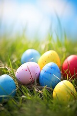 Colorful easter eggs in grass. Happy easter background. - obrazy, fototapety, plakaty