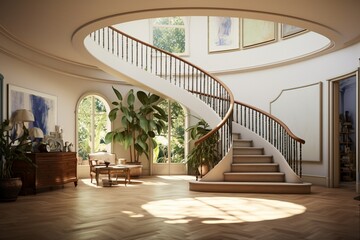 A room with a staircase with ample natural light