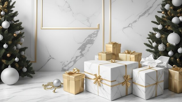 Placed gifts against a stylish white marble background. Aesthetically pleasing flat lay image of Christmas and New Year celebration. AI-Generated