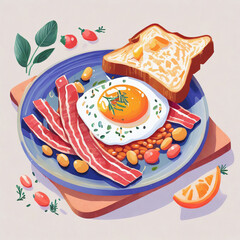 plate with toast, eggs, beans and bacon