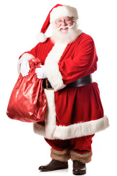 Santa claus holding full of gift boxes bag on white background.