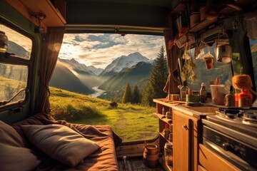 Paysage de montagne vu à l'intérieur d'un van, camping car, banquette et table chaleureuse - obrazy, fototapety, plakaty