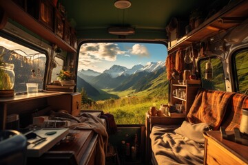 Paysage de montagne vu à l'intérieur d'un van, camping car, banquette et table chaleureuse - obrazy, fototapety, plakaty