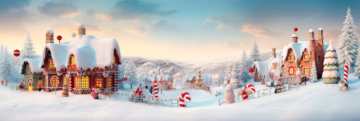 holiday background in a gingerbread house village, with candy cane lampposts, gumdrop roofs, and gingerbread people enjoying the festivities. Generative AI