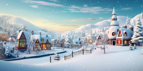 New Year's background with a snowy village, where people are building snowmen and enjoying a cozy winter evening. Generative AI