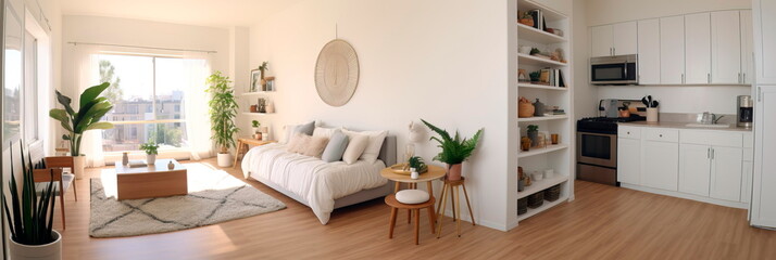compact, open-concept studio apartment with a neutral color palette, showcasing a simple and uncluttered living space. Generative AI - obrazy, fototapety, plakaty