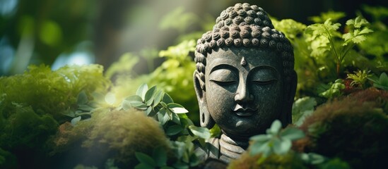 Fototapeta premium Buddha face meditating outdoors under tree in green garden