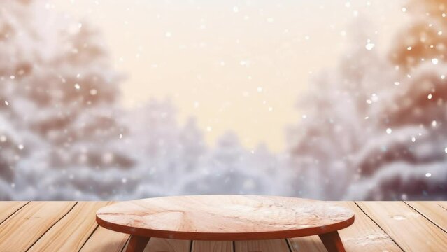 Winter snow wooden table in the background with snow Illustration - Still Image Animation, with video effects - Seamless loop animation - Created using AI Generative Technology