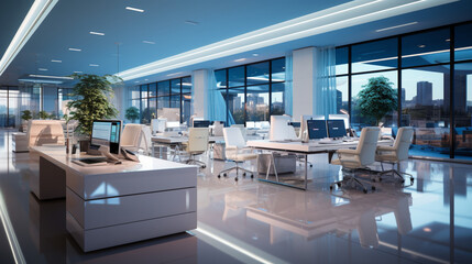 Interior design Modern Creative office foyer, Corporate open workspace, Coworking office room - Powered by Adobe