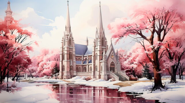 historic church with a tall steeple, nestled amidst a snowy landscape, as soft morning light bathes it in a gentle glow. Generative AI