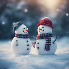 Obraz premium Two little snowmen in knitted caps and scarfs on snow in the winter.
