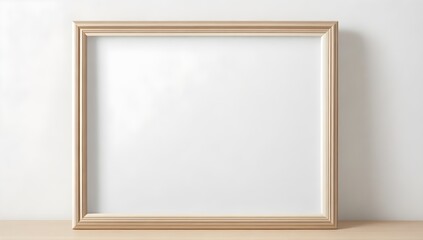 Fototapeta na wymiar Isolated Wooden Picture Frame Resting on a White Wall. Minimalistic Frame with Empty Copy Space, Ideal for Mockup Presentations.