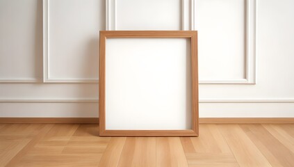 Wooden Picture Frame with Empty White Space. Minimalistic Frame Resting on a Wooden Floor, Perfect for Mockup Presentations.