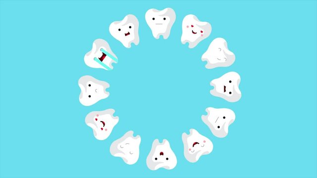 White cartoon teeth on a blue background are arranged in a circle and with different emotions fear, excitement, joy, tears, smile. Vector animation, 4K resolution