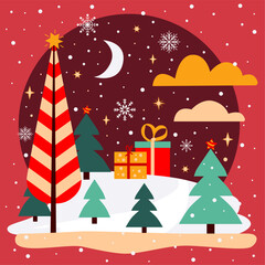 Christmas landscape, Christmas trees, gifts. Christmas card