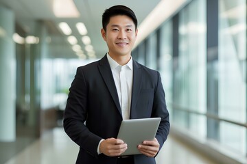 Smiling professional Korean businessman using tab computer working standing in office. Confident East Asian business man entrepreneur holding digital tablet tech device working, looking at camera.