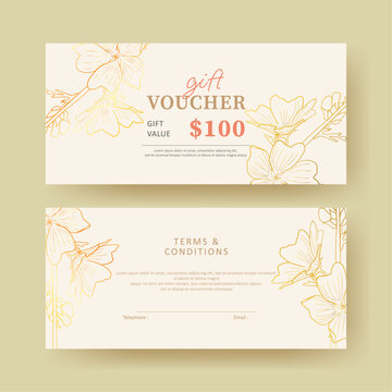 Gift voucher. Coupon template with golden flower line art decoration. elegant luxury design