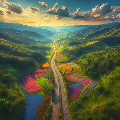 Sky High View of Road Path Leads Forward through Mountain Valley of Trees to Blossoming Pink Blue Green Orange Yellow Flower Grow Field Paradise Heaven. Young Springtime Harmony Swirly Clouds Sunlight - obrazy, fototapety, plakaty