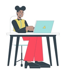 Engaged office worker female 2D linear cartoon character. African american happy woman typing laptop isolated line vector person white background. Workspace sitting color flat spot illustration