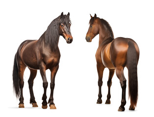 Brown morgan horses, front and back view, isolated background