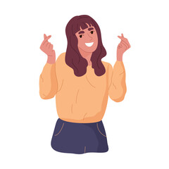 Happy woman showing mini heart hand sign with two crossed fingers. Smiling girl making Korean heart shape. People affection, care concept. Flat vector illustration isolated on white background