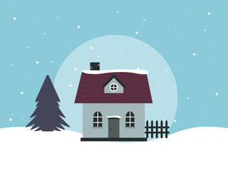 Winter House And Tree  Background Christmas Greeting Card Vector