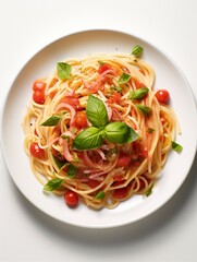 Spaghetti plate on white background, Fresh Tasty Food, pasta, basil