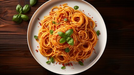 Spaghetti plate on background, Fresh Tasty Food, pasta, basil