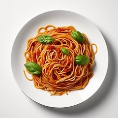 Spaghetti plate on white background, Fresh Tasty Food, pasta, basil