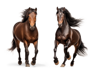 Galloping brown morgan horses, isolated background