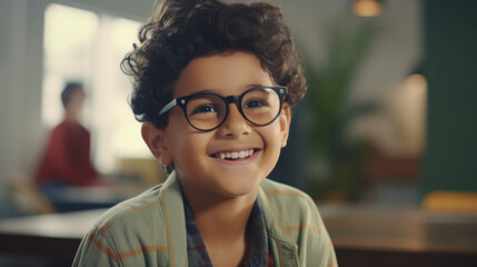 Joyful young boy with curly hair and glasses, smiling in a casual shirt, with a home setting in the background