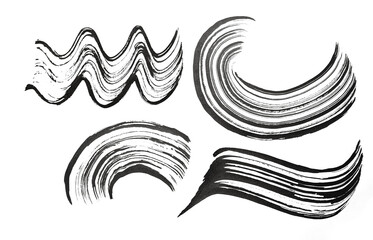 Black abstract wave brush strokes and splashes of paint on paper. Grunge art calligraphy background