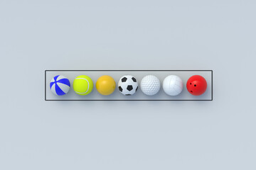 Row of different sports balls in frame. International championship. Healthy lifestyle. Supplies for active games. Hobby and leisure. Team tournament. 3d render