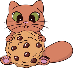 cute cat with chocolate cookie. vector cartoon illustration of kitten eating biscuit. funny children drawing with cat and cookie