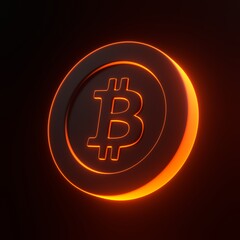 Bitcoin token with bright glowing futuristic orange neon lights on black background. 3D icon, sign and symbol. Cartoon minimal style. 3D render illustration