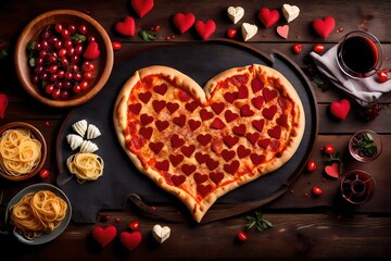 Home cooked Valentines Day dinner. Top view table setting on a dark wood background. Heart shaped pizza, pasta, wine, cheese plate and desserts.