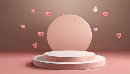 Valentine concept. Abstract background in pastel colors with podium for product presentation . 3d scene in minimal style with two round pedestal. AI generated.