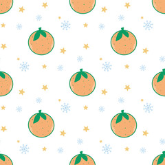 Winter tangerines seamless pattern. Winter Christmas background with citrus fruits, snowflakes and stars. New Year print for textile, packaging, paper and design, vector illustration