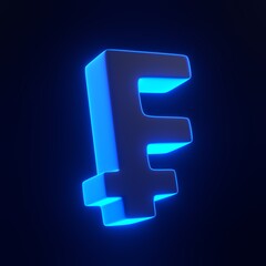 Fototapeta premium Franc sign with bright glowing futuristic blue neon lights on black background. 3D icon, sign and symbol. Cartoon minimal style. 3D render illustration